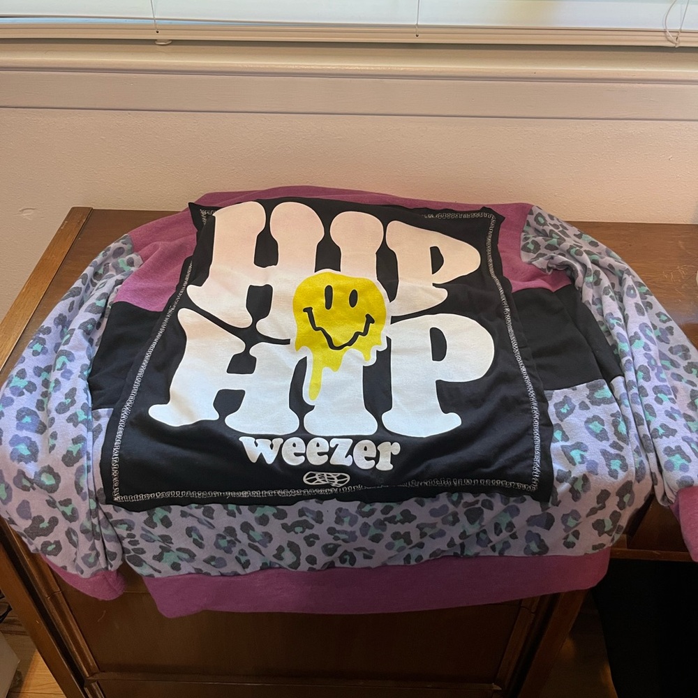 Up-cycled band tee. White Birch Pink and Gray Leopard Print Sweatshirt